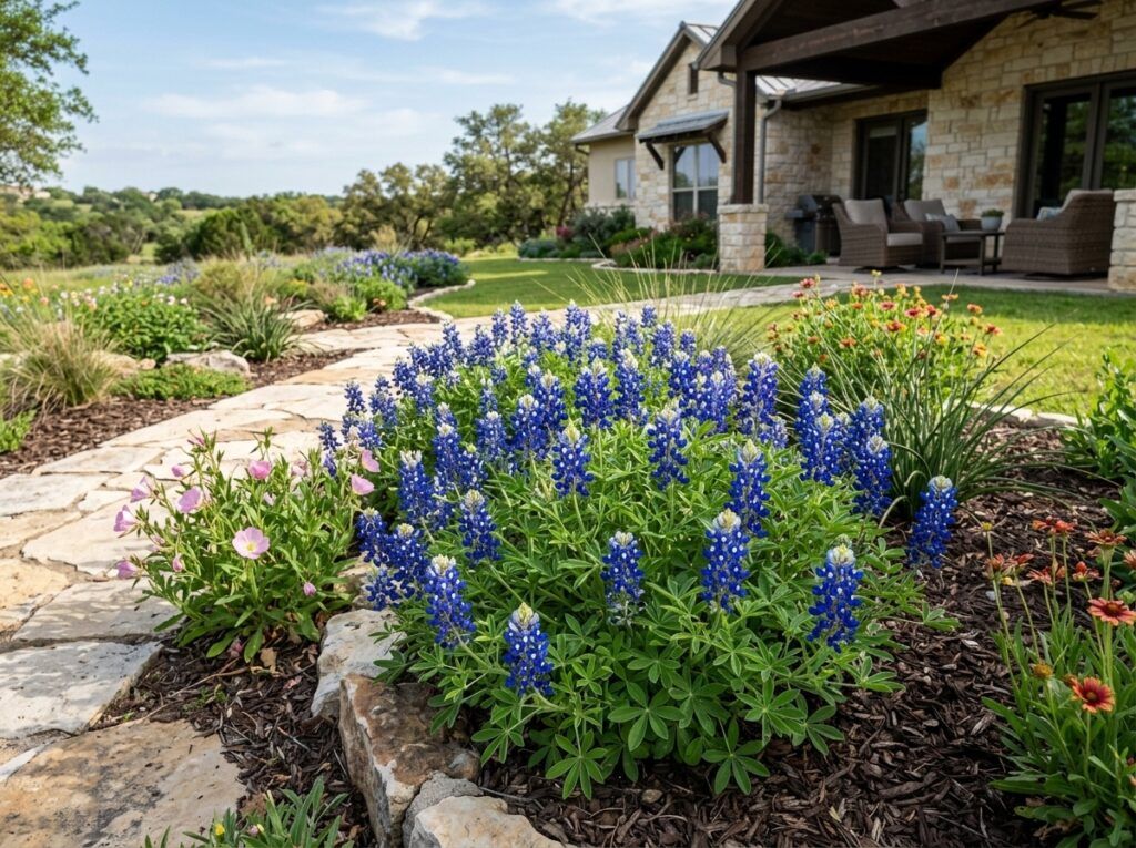 Bluebonnet in a black nursery pot with tall blue flower spikes and green palmate leaves.