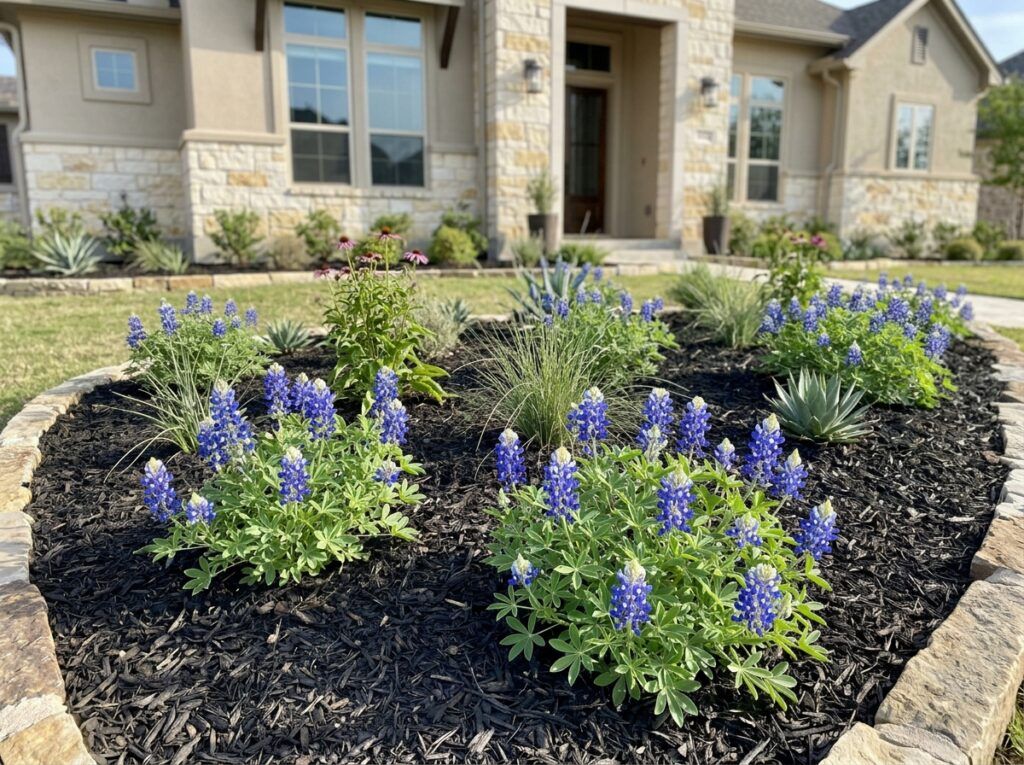 Bluebonnet in bloom with tall blue flower spikes rising above dense green foliage.