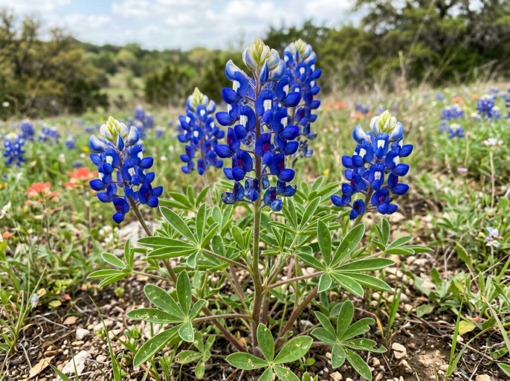Bluebonnet perennial with spikes of blue-purple flowers and green foliage in a nursery pot.