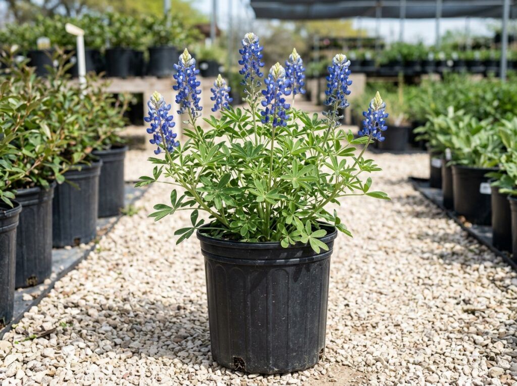 Bluebonnet perennial with tall blue flower spikes and green foliage in a nursery container.
