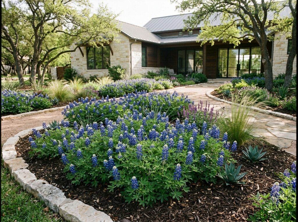 Bluebonnet wildflowers in full bloom, showing dense blue-and-white flower spikes and green foliage.