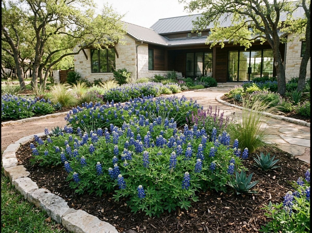 Bluebonnet wildflowers in full bloom, showing dense blue-and-white flower spikes and green foliage.