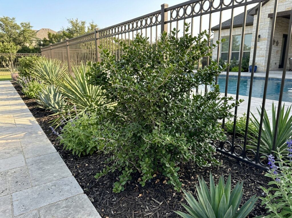Bluewood Condalia shrub in a black nursery pot with dense green foliage and upright branching.