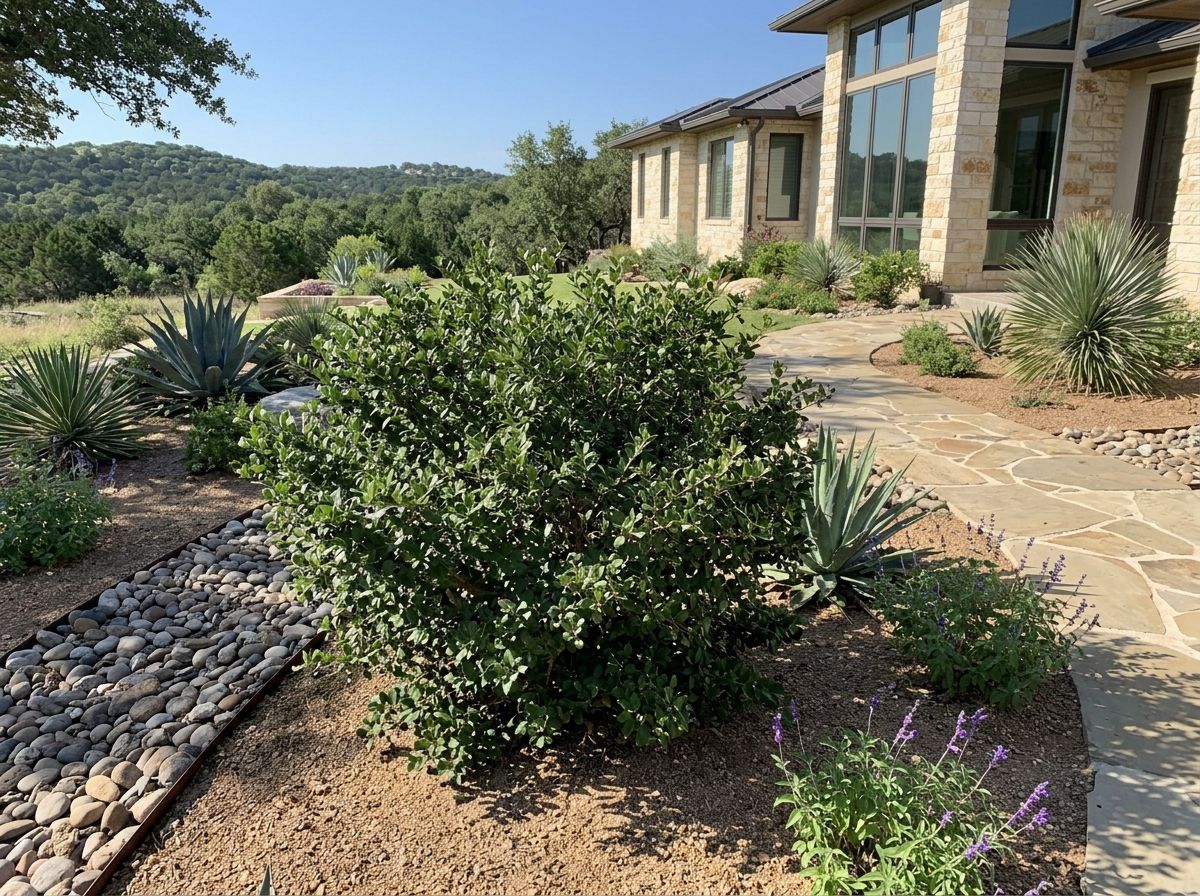 Bluewood Condalia shrub with dense green foliage growing in a landscaped bed.