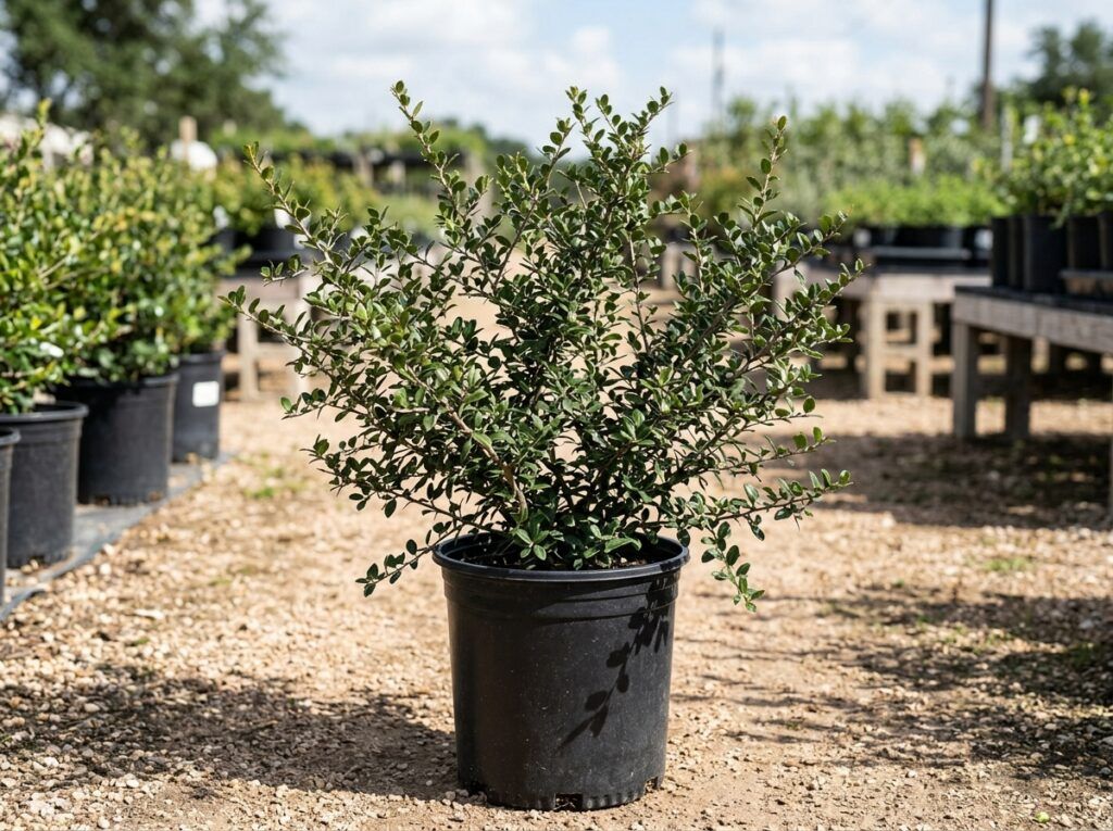 Bluewood Condalia shrub in a nursery container with dense green foliage and upright branching.