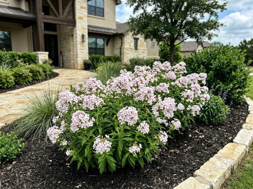 Bouncing Bet perennial with clusters of bright pink flowers and green foliage in a garden bed.