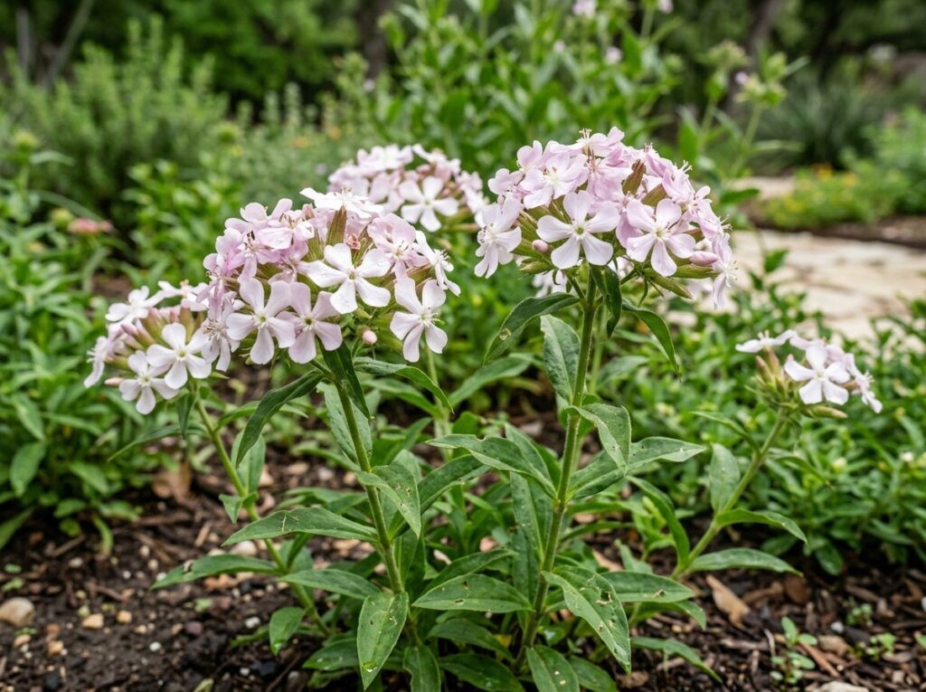 Bouncing Bet perennial with clusters of small pink flowers and green foliage in a nursery container.