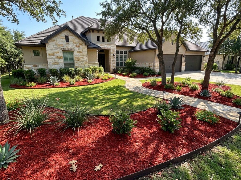 Bright Dyed Red Mulch ground cover spread in a smooth layer with vivid red wood chips around plants.