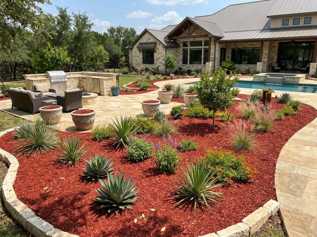 Bright Dyed Red Mulch ground cover spread around plants, vivid red wood chips in a neat landscape bed.
