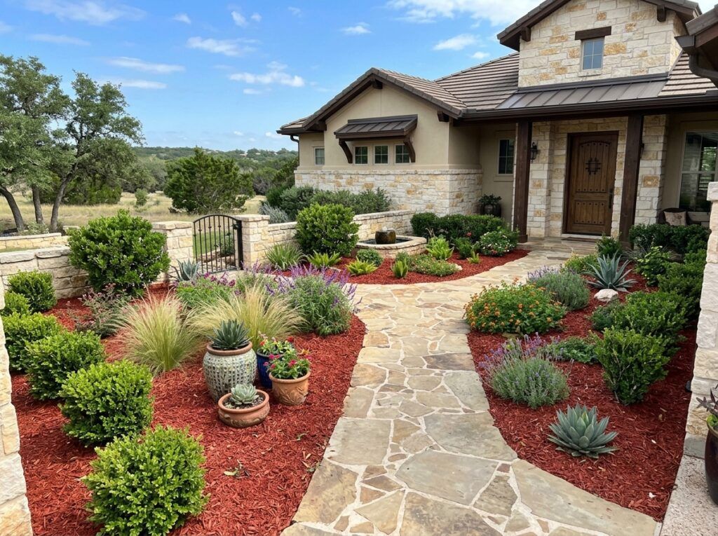 Bright Dyed Red Mulch ground cover spread in a landscaped bed, vivid red wood chips around shrubs.