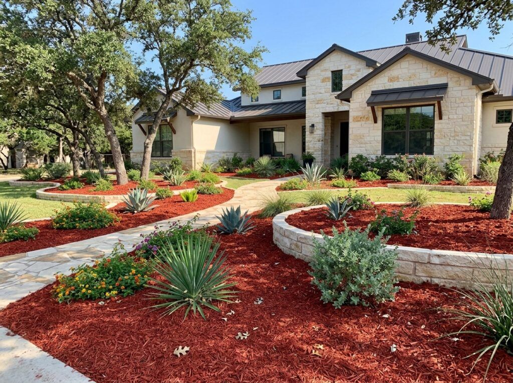 Bright Dyed Red Mulch ground cover spread in a bed, vivid red wood chips around plants.