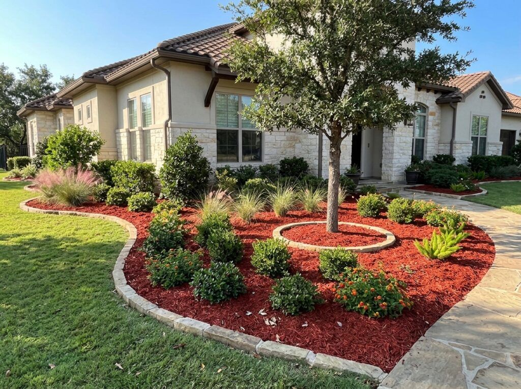 Bright Dyed Red Mulch ground cover spread in a thick layer, vivid red wood chips covering soil.