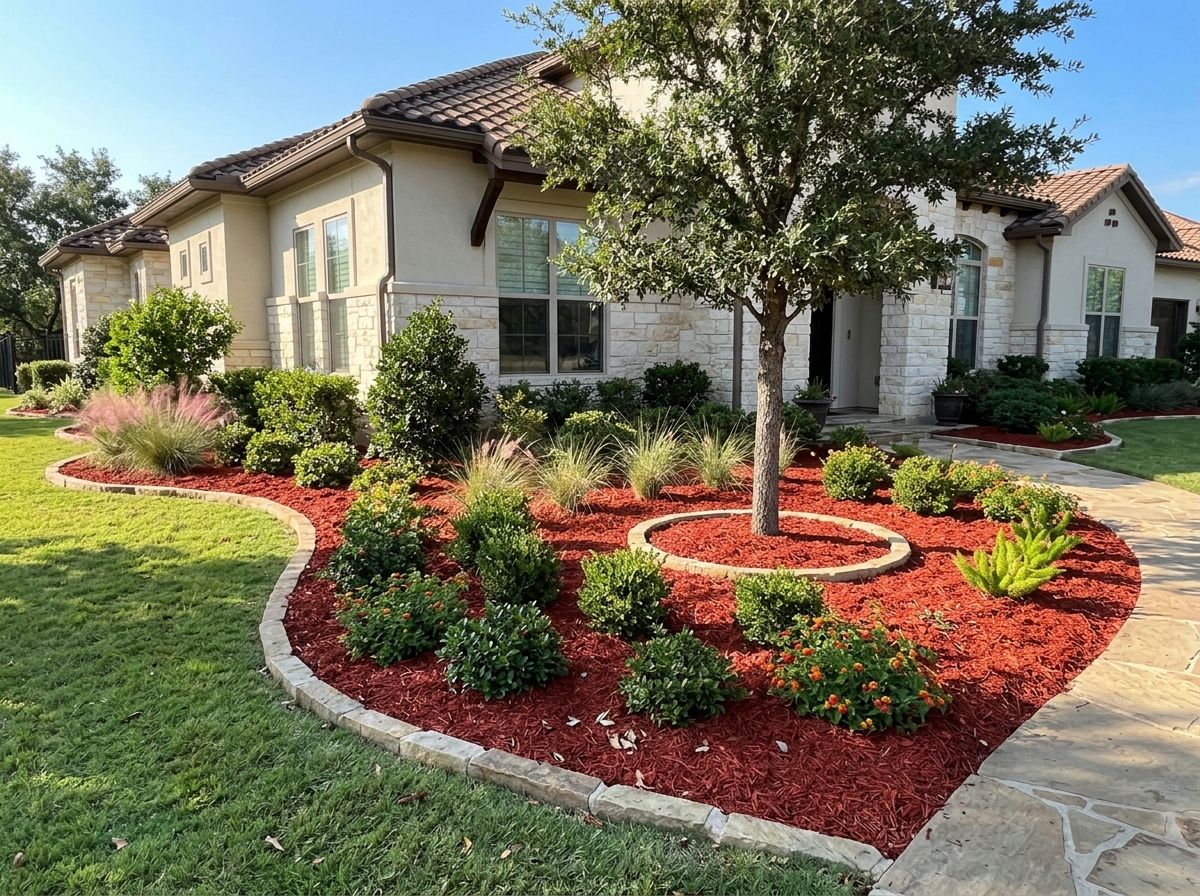 Bright Dyed Red Mulch ground cover spread in a thick layer, vivid red wood chips covering soil.