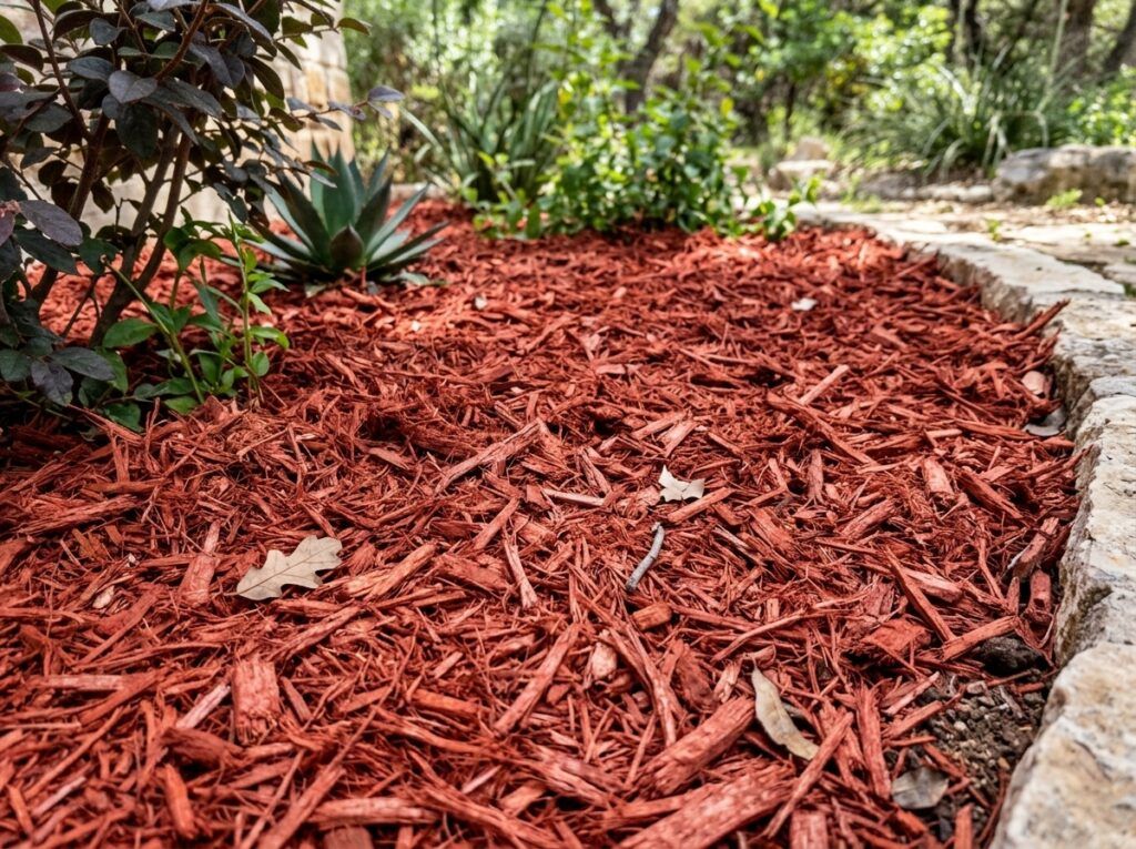 Bright Dyed Red Mulch ground cover spread in a thick layer, vibrant red shredded mulch texture.