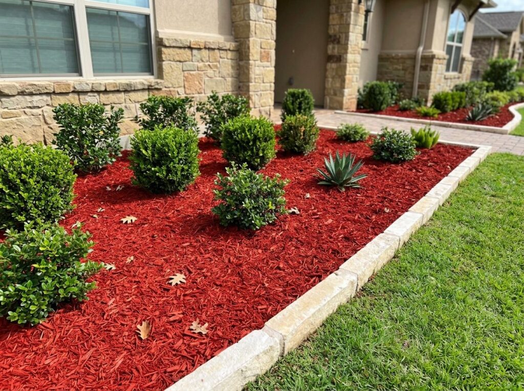 Bright Dyed Red Mulch ground cover piled in a landscape bed, vibrant red wood chips with a coarse texture.
