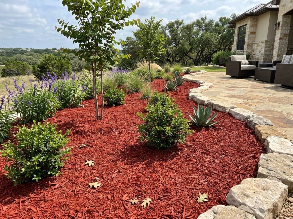 Bright Dyed Red Mulch ground cover spread in a thick layer, vivid red wood chips with rough texture.
