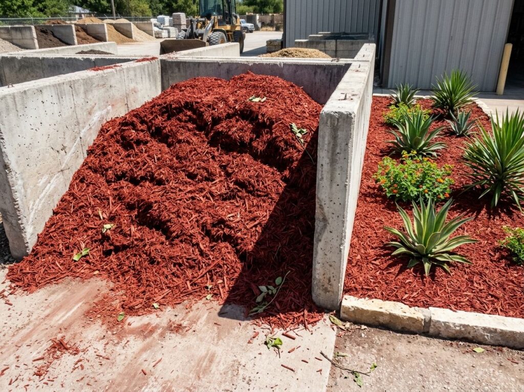 Bright Dyed Red Mulch ground cover spread in a thick layer, vivid red wood chips with rough texture.