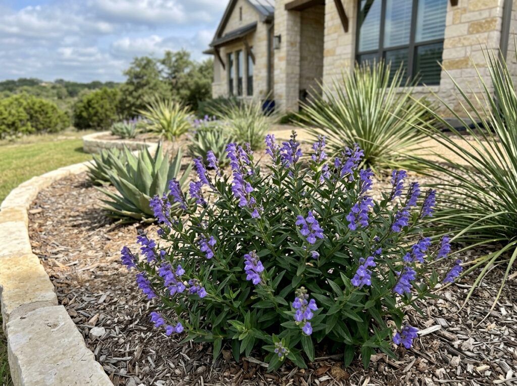 Britton's Skullcap in a black nursery pot with dense green foliage and small purple-blue flowers.