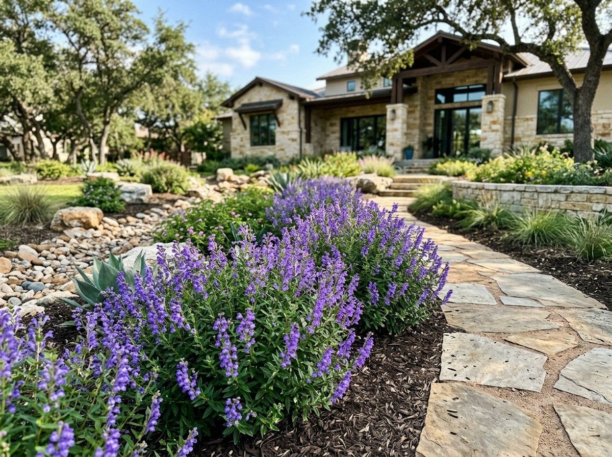 Britton's Skullcap perennial with green foliage and small purple flowers growing in a garden bed.