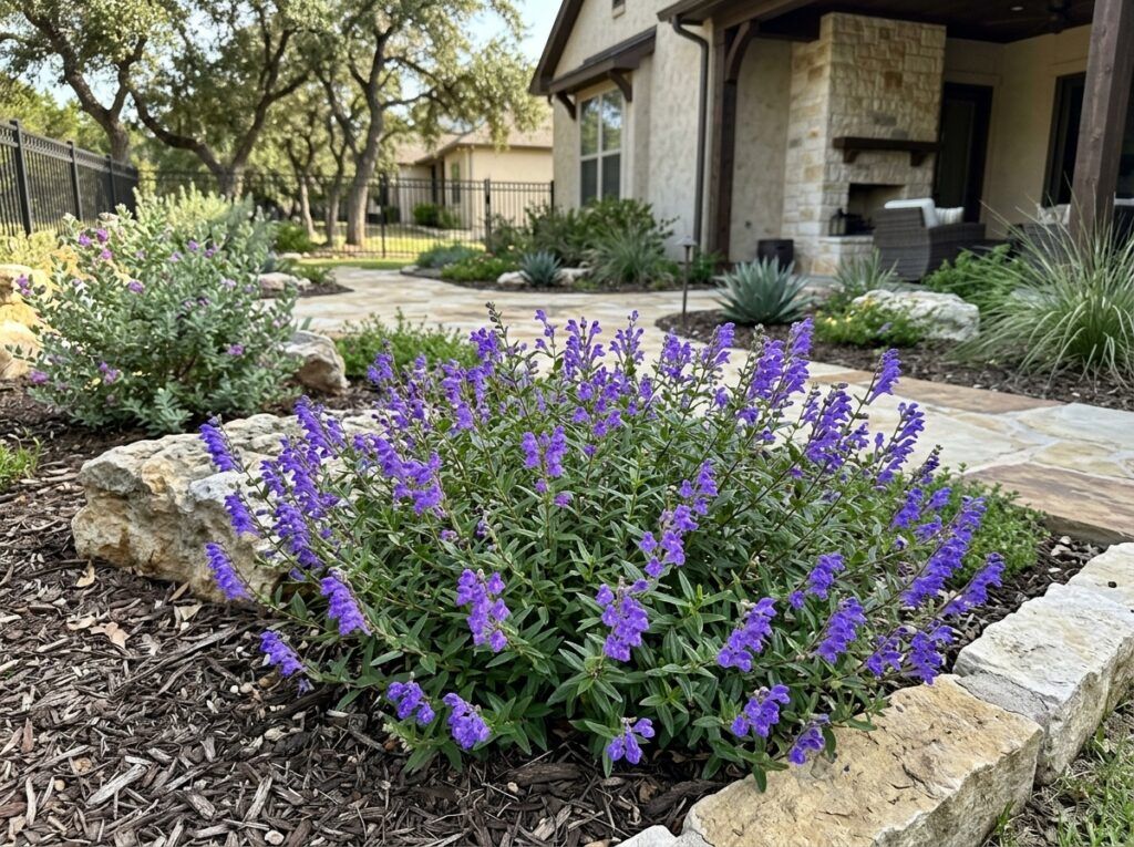 Britton's Skullcap perennial in a nursery pot with dense green foliage and small purple flowers.