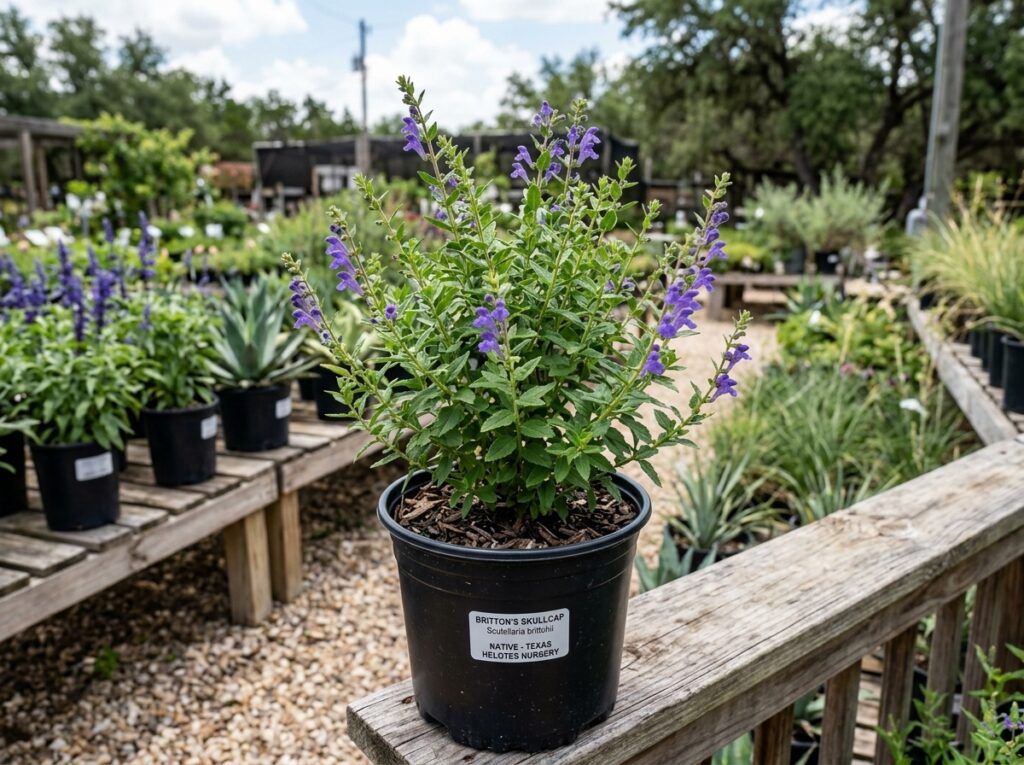 Britton's Skullcap perennial in a nursery pot with green foliage and small purple blooms.