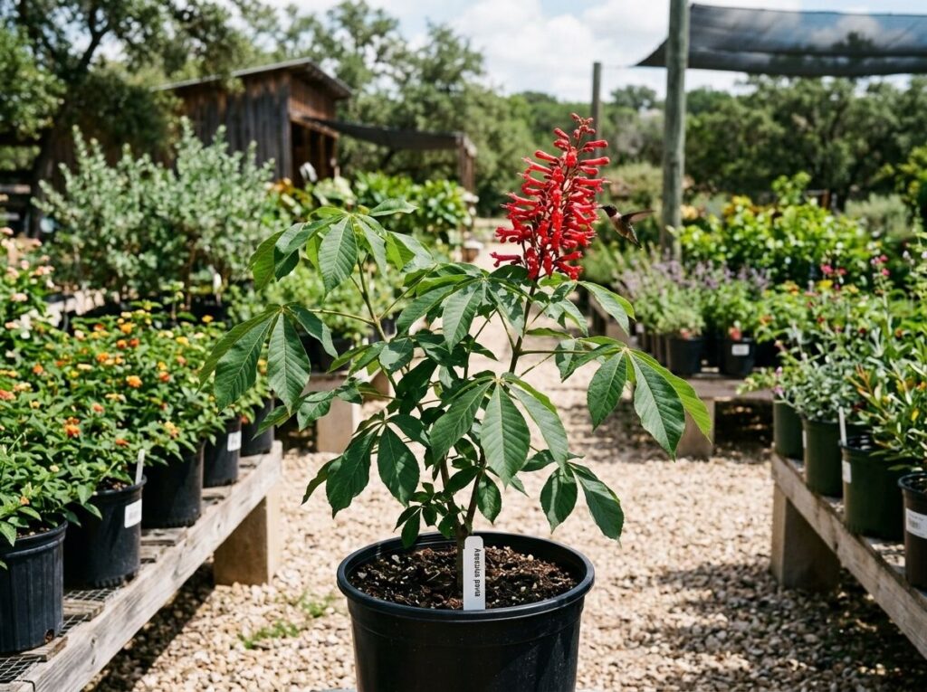 Buckeye tree in a black nursery pot, showing dense green palmate foliage on a young trunk.