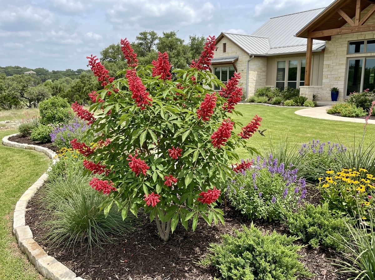 Buckeye tree with dense green canopy in a landscaped front yard beside a stone walkway.