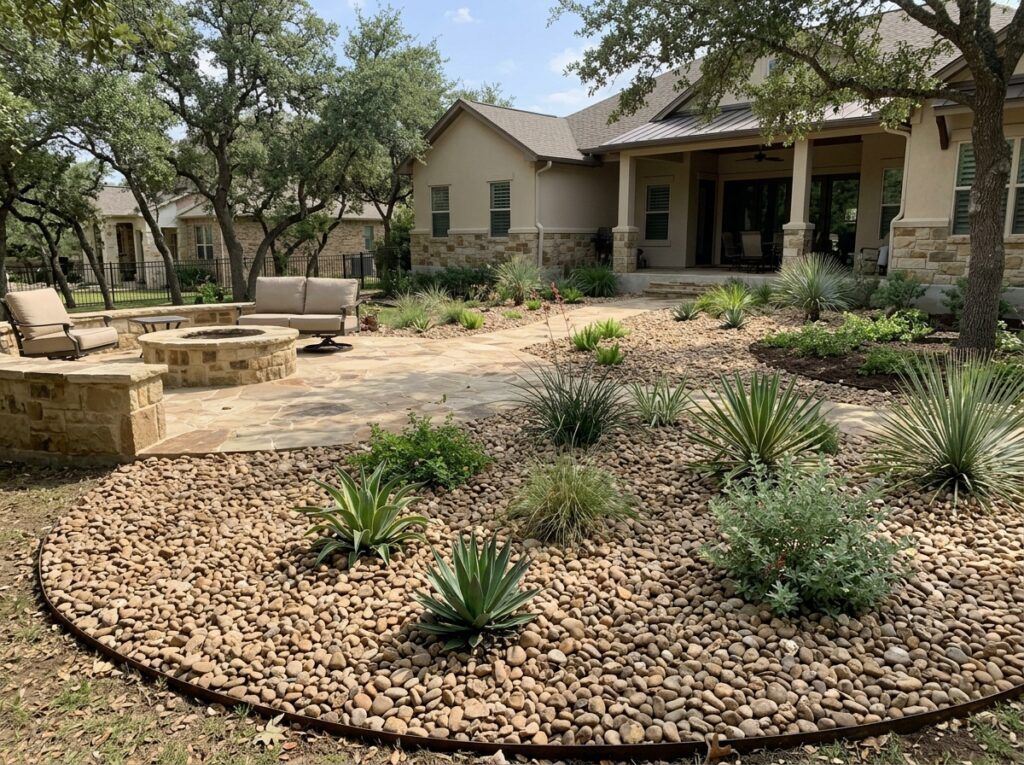 Buckhorn River Rock ground cover of smooth tan and gray stones spread along a landscaped bed beside plants.