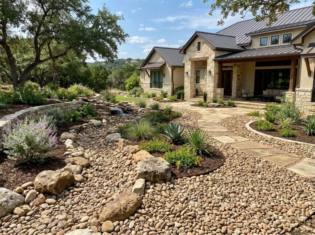 Buckhorn River Rock ground cover with smooth gray-tan stones spread in a landscaping bed around plants.