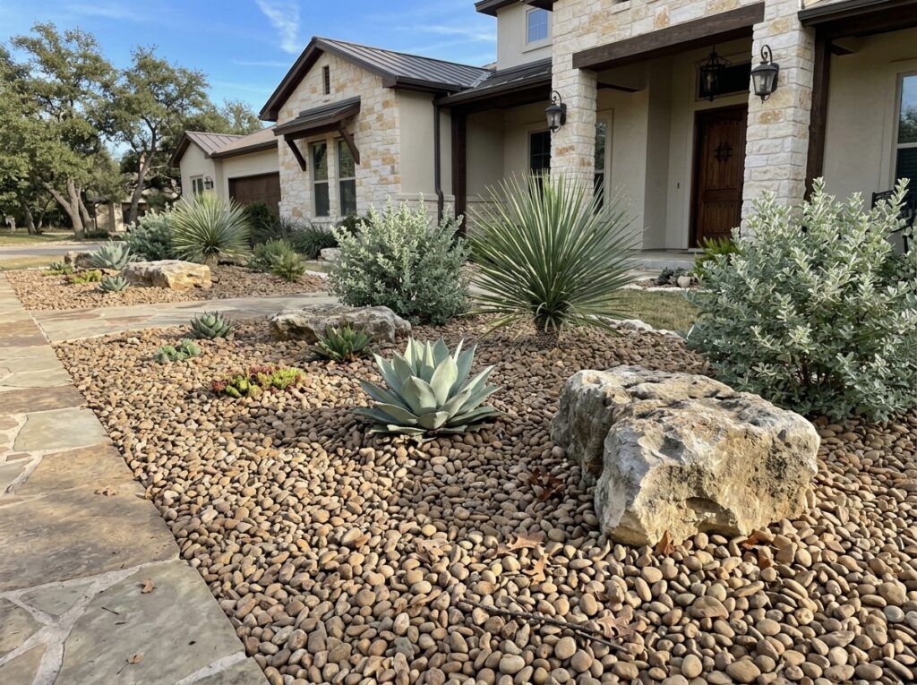Buckhorn River Rock ground cover of smooth tan and gray stones spread in a landscaped bed.
