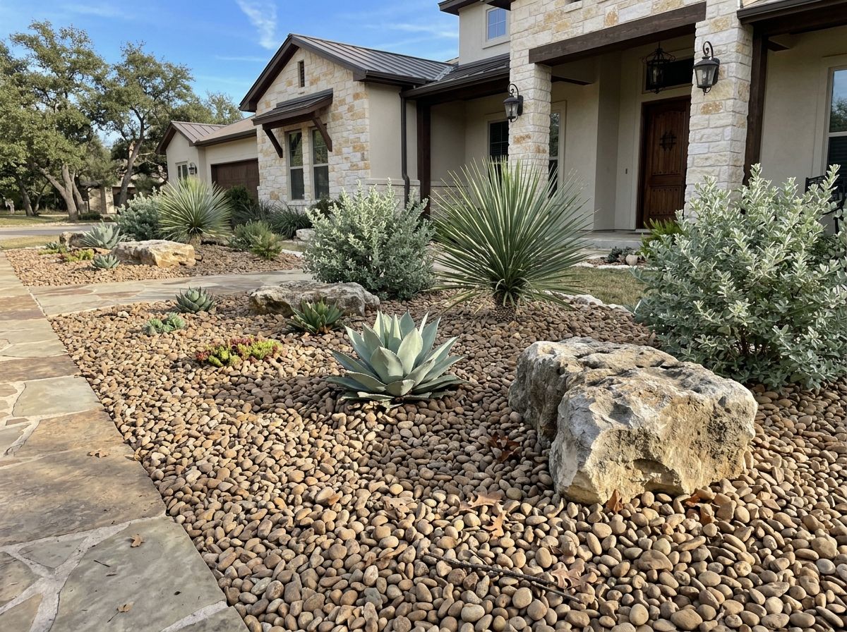 Buckhorn River Rock ground cover of smooth tan and gray stones spread in a landscaped bed.