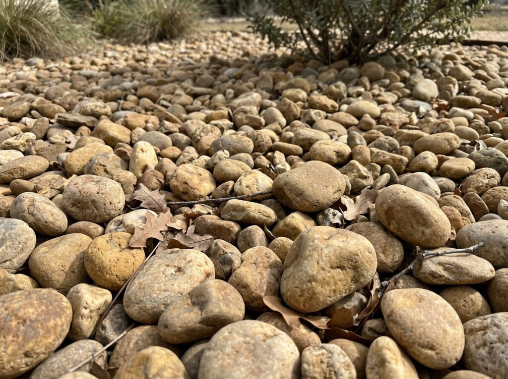Buckhorn River Rock ground cover of smooth tan and gray stones spread in a neat layer.