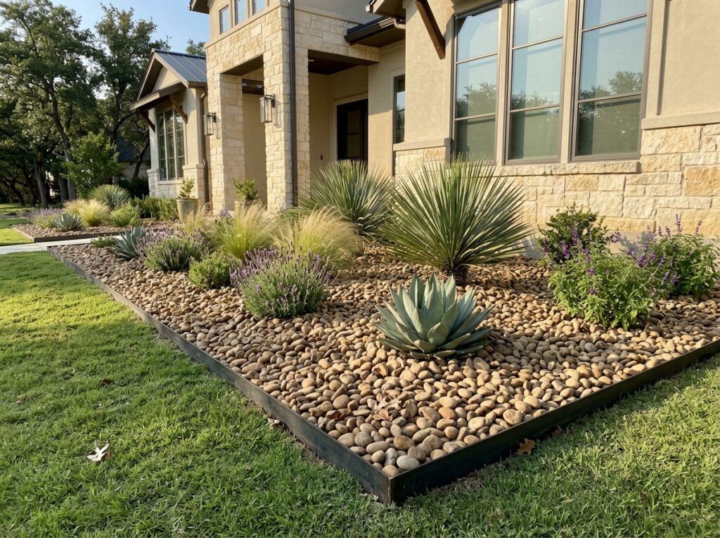 Buckhorn River Rock river rock ground cover with smooth tan and gray pebbles spread in a landscape bed.