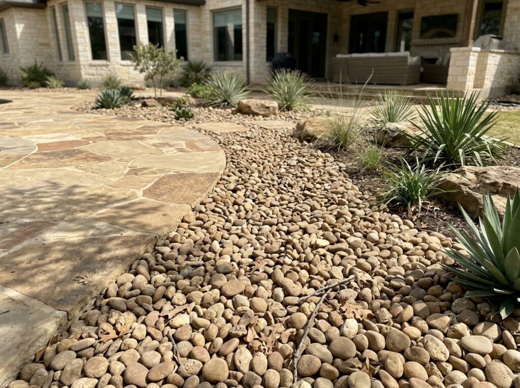 Buckhorn River Rock river rock ground cover with rounded tan and gray stones spread in a landscaping bed.