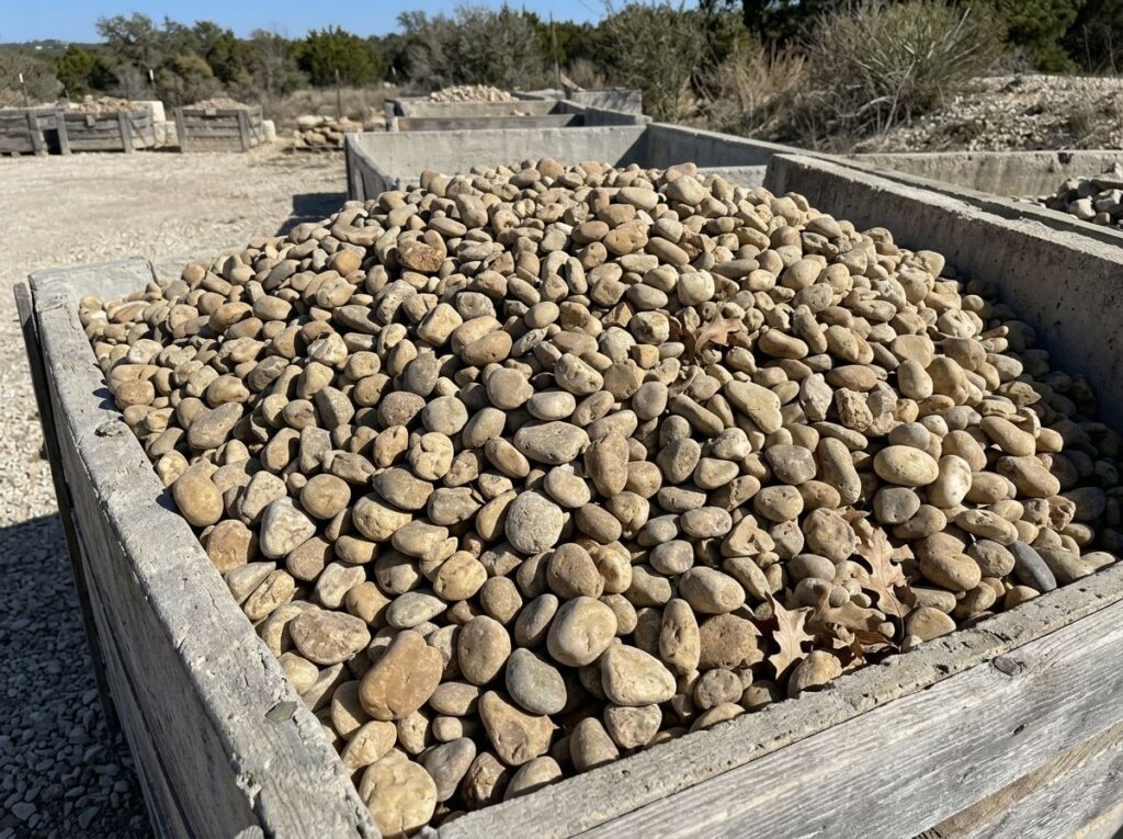 Buckhorn River Rock ground cover showing smooth tan and gray river rock stones spread in a neat layer.