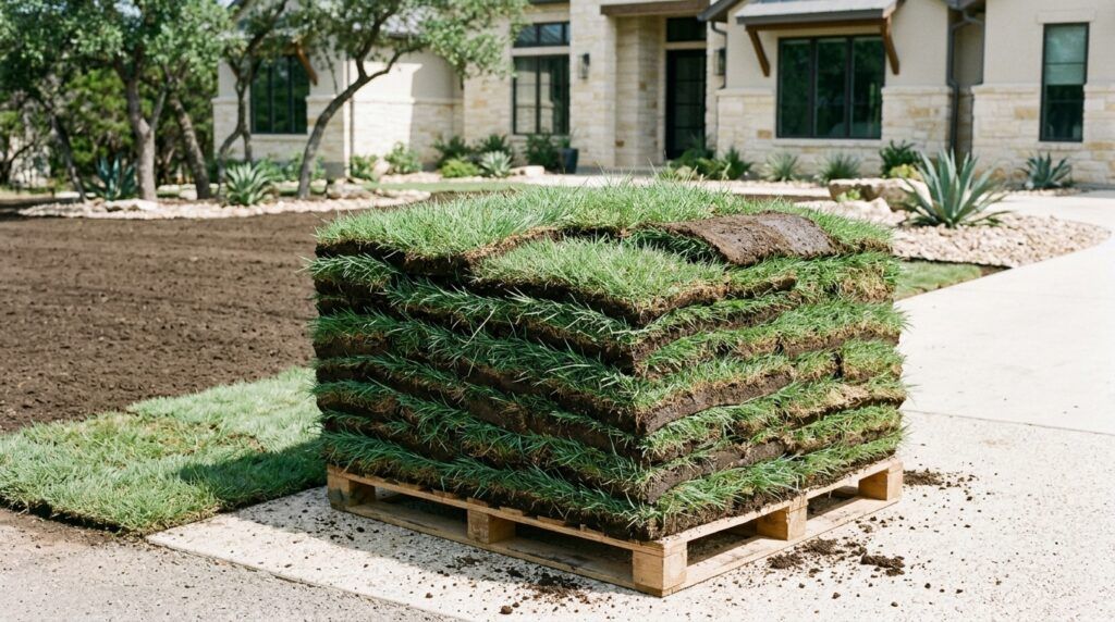 Buffalo 609 sod rolls stacked on a pallet, showing dense green blades ready for installation.
