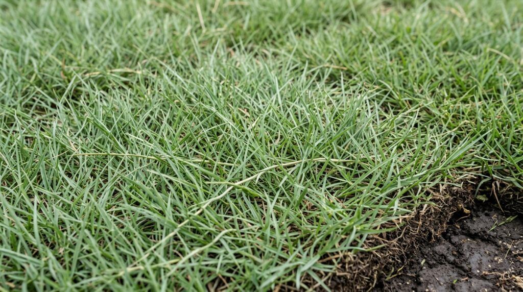 Buffalo Prairie sod close-up showing dense green blades and thick thatch in freshly laid turf.