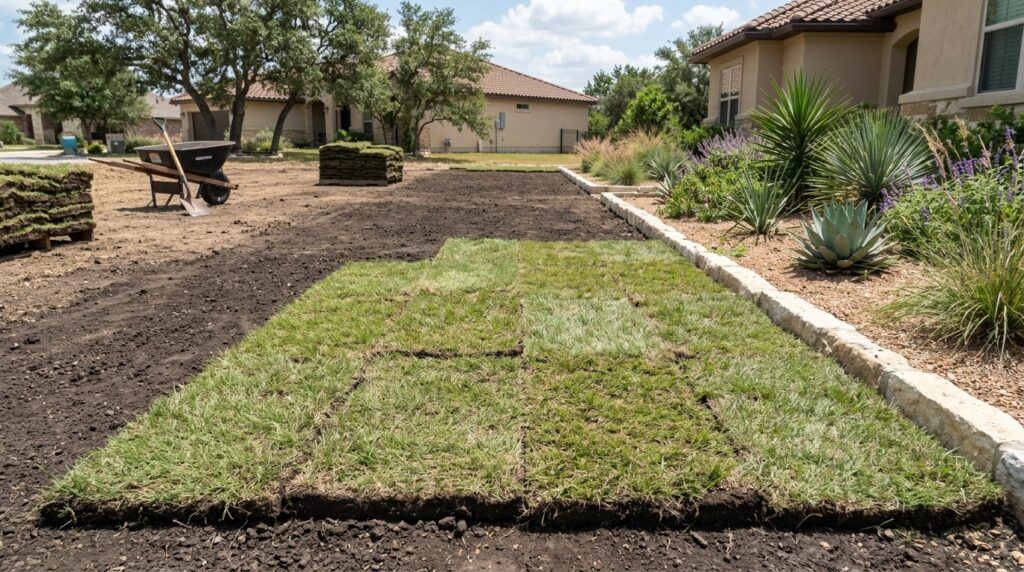 Buffalo Prairie sod rolls freshly laid, showing dense green blades and clean seams across the lawn.