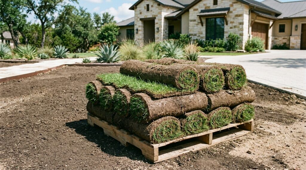 Buffalo Prairie sod rolls stacked on a pallet, showing dense green grass ready for sod installation.
