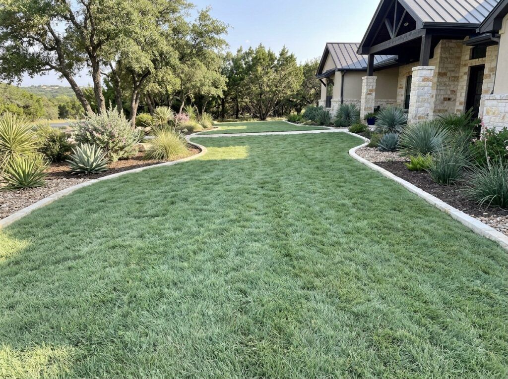 Water-wise luxury residential lawn with 609 Buffalo sod, soft natural native-grass look and drought-tolerant texture, clean beds and smooth grade, faint fresh-sod seam lines and gentle color variation demonstrating quality, professional installation.