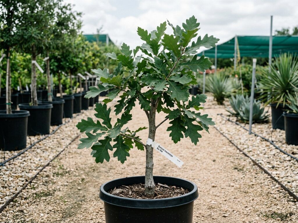 Bur Oak tree in a nursery container, showing a straight trunk and dense green foliage.