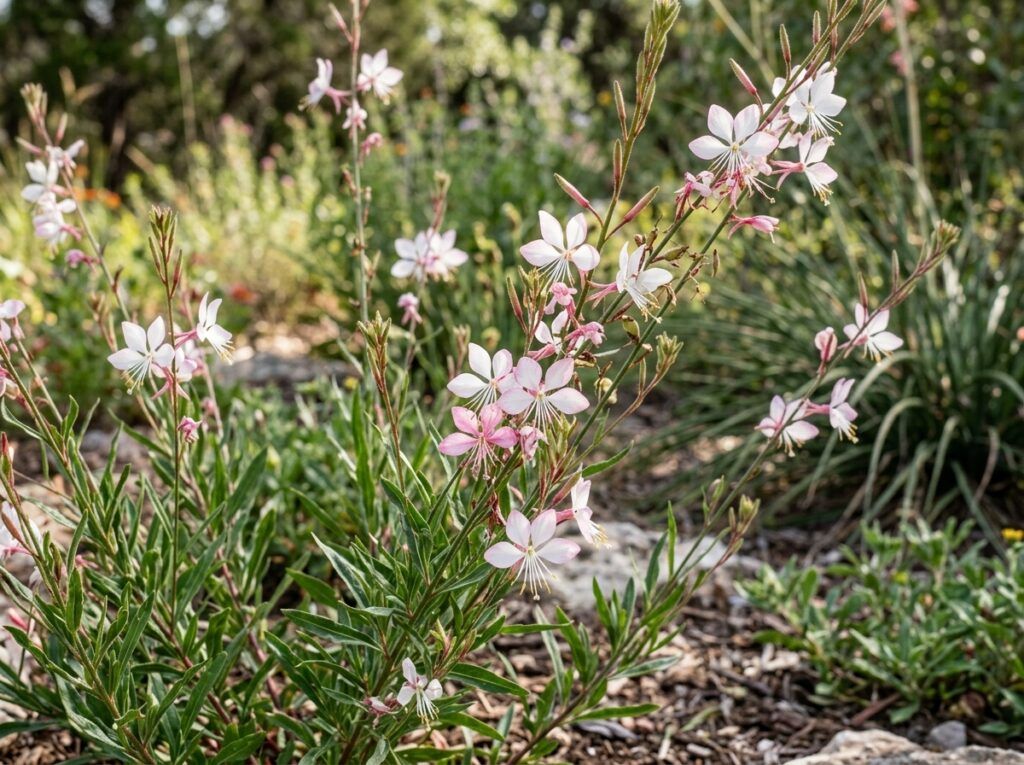 Butterfly Gaura perennial with airy stems and small pink-and-white blooms in a pot