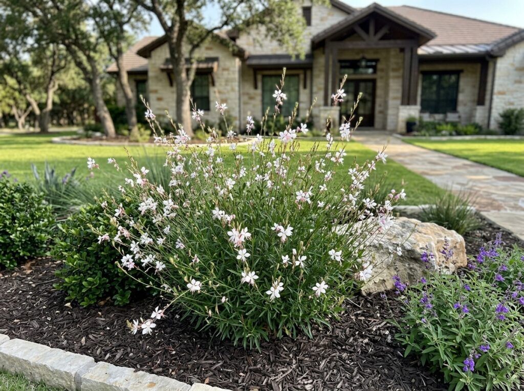 Butterfly Gaura perennial with airy stems of pink-and-white flowers in a garden bed.