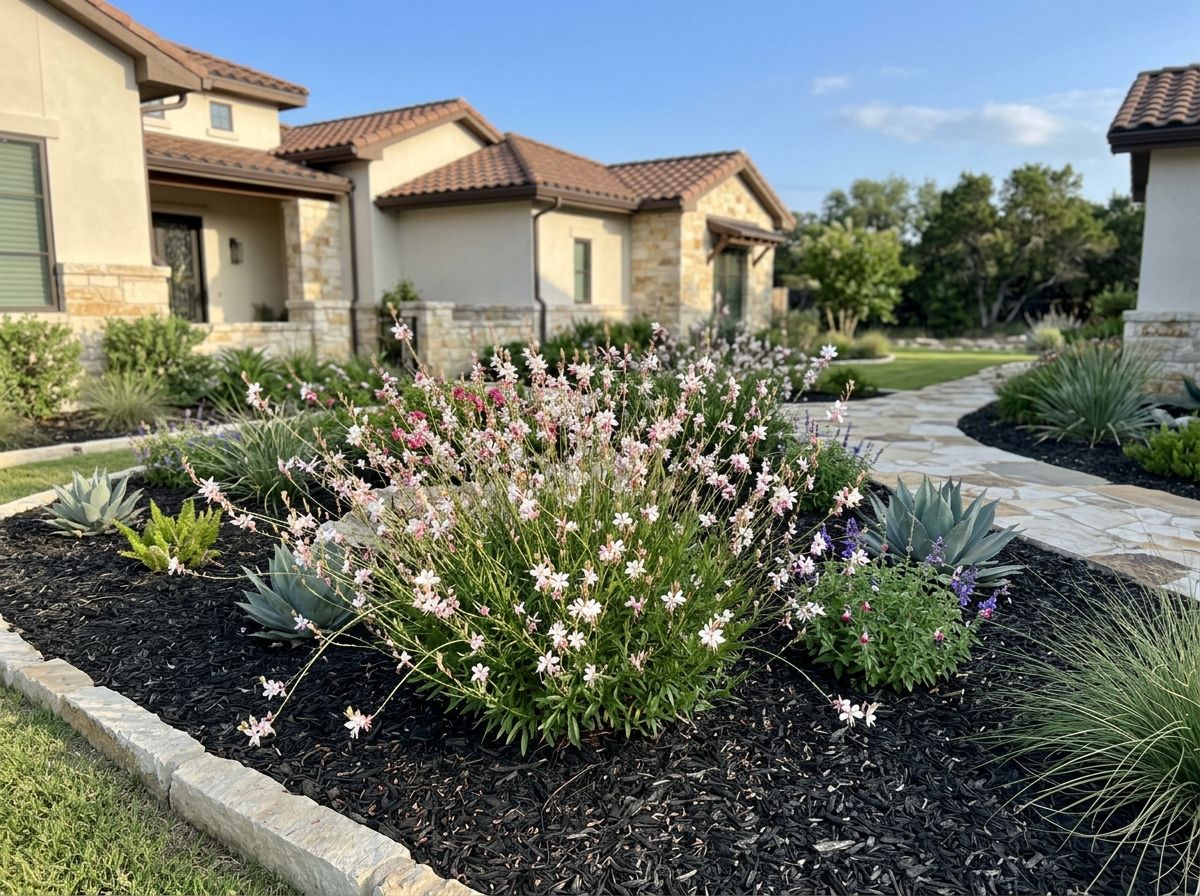Butterfly Gaura perennial with airy stems of pink-and-white flowers in full bloom in a garden bed.