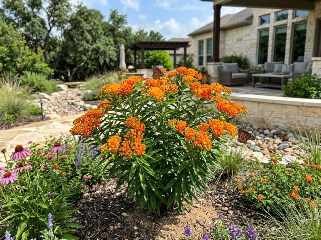 Butterfly Weed perennial with bright orange flower clusters and narrow green leaves in close-up.