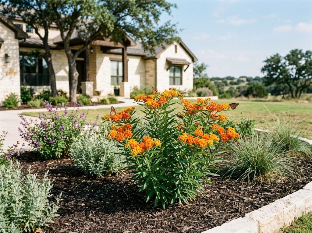 Butterfly Weed perennial with bright orange flower clusters and narrow green leaves in bloom.