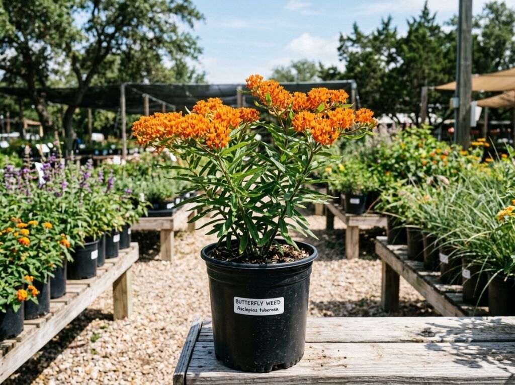 Butterfly Weed perennial with bright orange blooms and narrow green leaves in a garden bed.