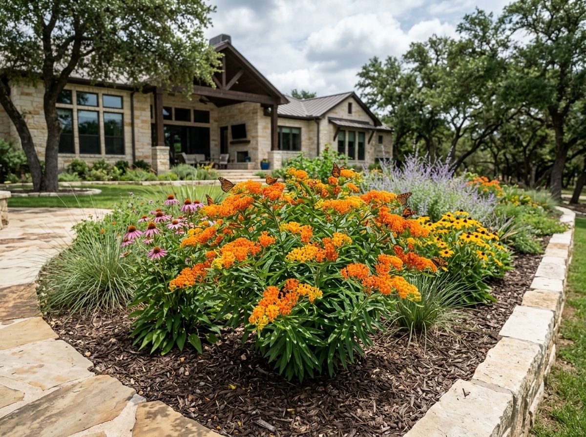 Butterfly Weed perennial with clusters of bright orange blooms and narrow green leaves growing in a garden bed.