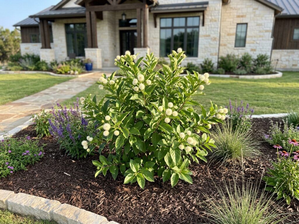 Button Bush shrub with glossy green leaves in a black nursery pot on a white background.