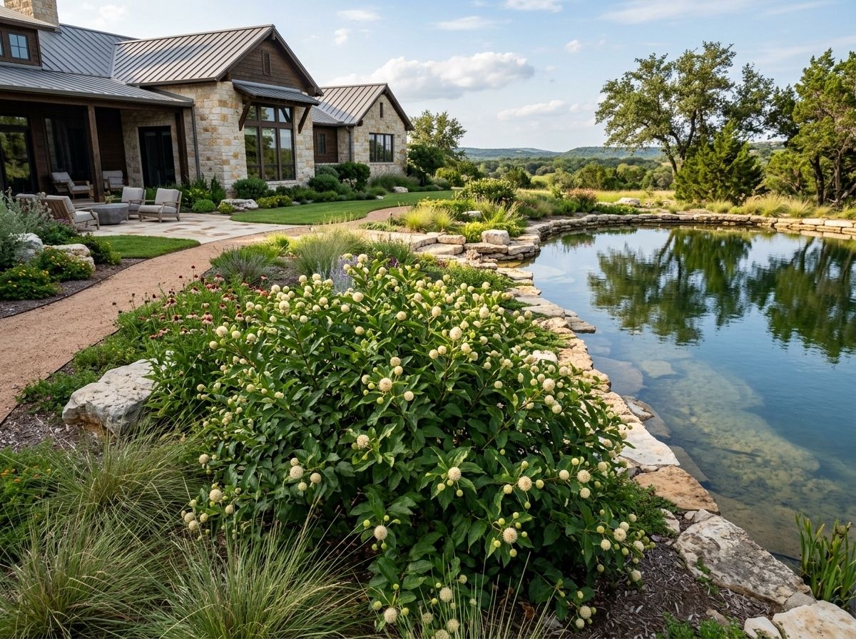 Button Bush shrub with glossy green leaves and round white blooms in a landscape.